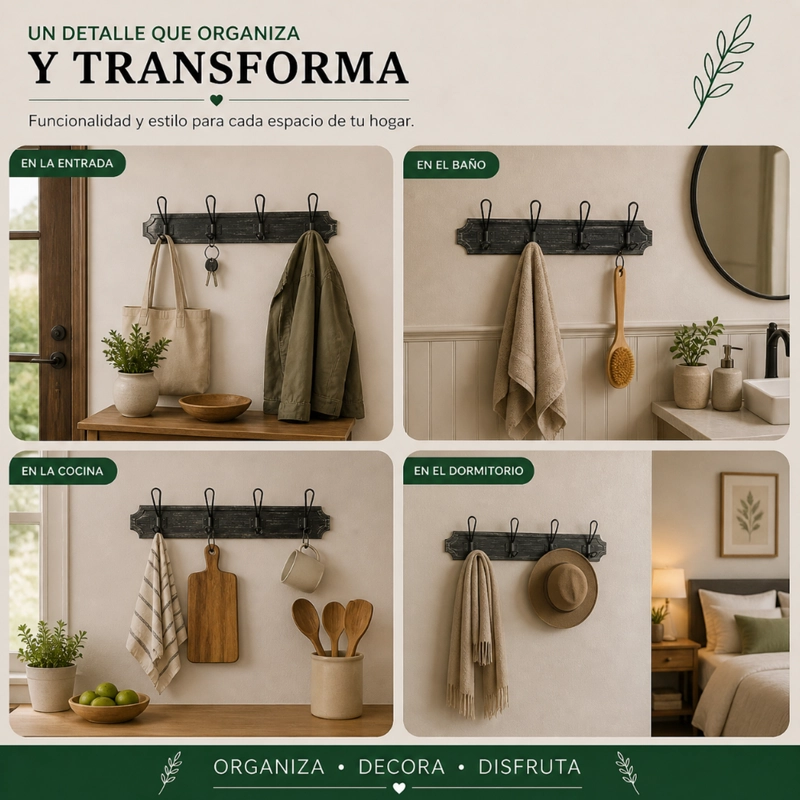 PERCHERO DE PARED COLGADOR VINTAGE 4 GANCHOS DOBLES NEGRO - 6