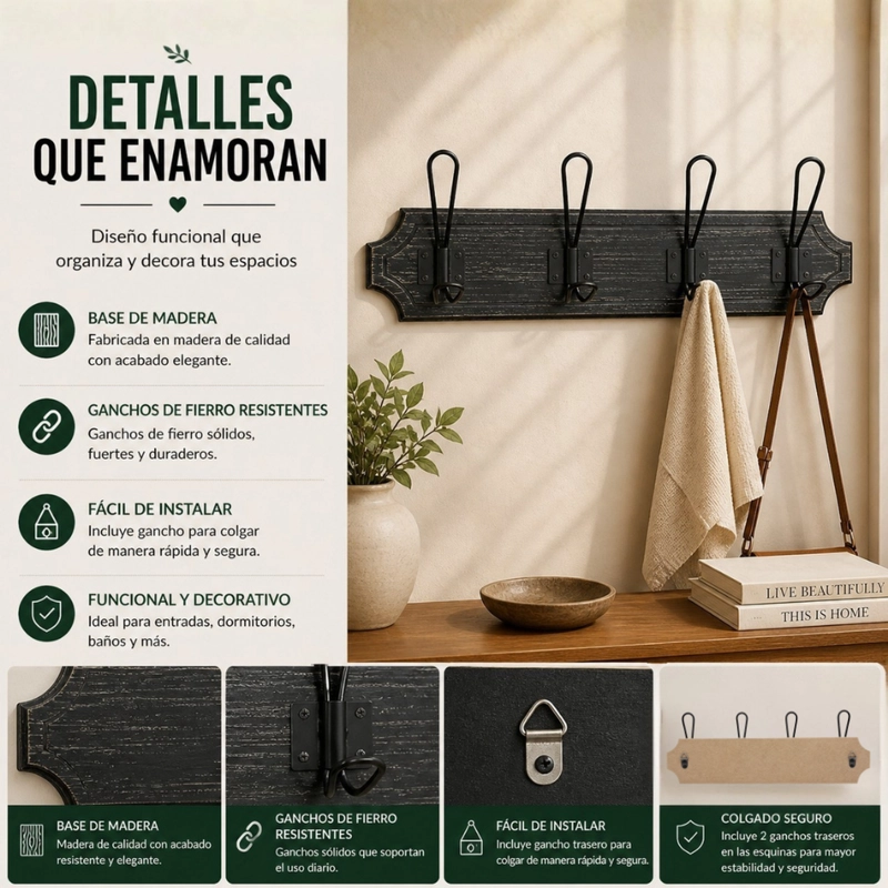 PERCHERO DE PARED COLGADOR VINTAGE 4 GANCHOS DOBLES NEGRO - 8