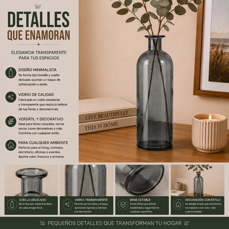 FLORERO BOTELLA DE VIDRIO DECORATIVO CRISTAL OSCURO L - 8