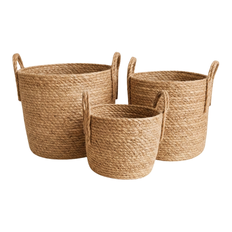 SET 3 CANASTOS CESTA DE YUTE TEJIDO ESTILO RUSTICO ASAS - 1