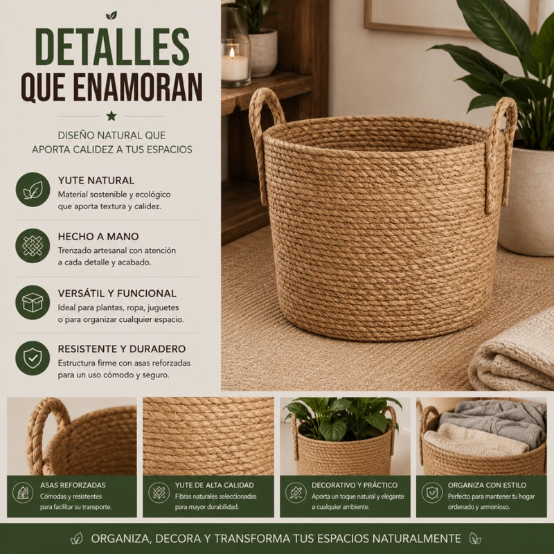 SET 3 CANASTOS CESTA DE YUTE TEJIDO ESTILO RUSTICO ASAS - 7