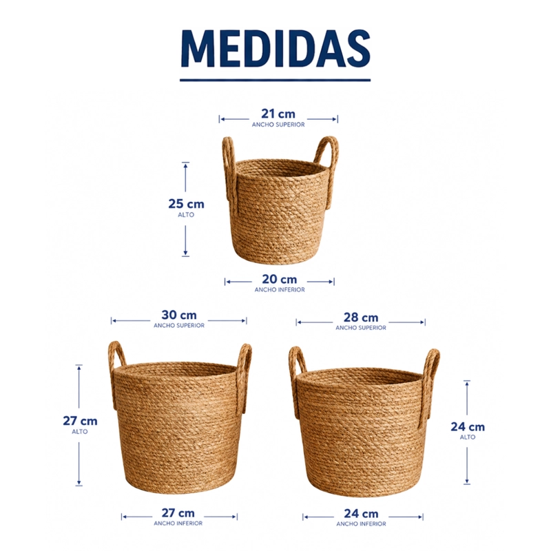 SET 3 CANASTOS CESTA DE YUTE TEJIDO ESTILO RUSTICO ASAS - 8