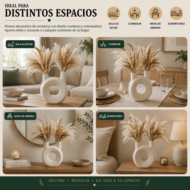FLORERO REDONDO DOBLE BLANCO DE CERAMICA DECORATIVO HOGAR - 6