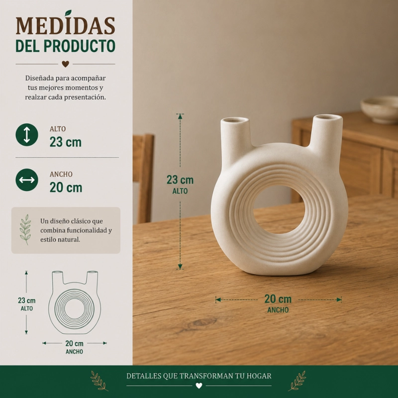 FLORERO REDONDO DOBLE BLANCO DE CERAMICA DECORATIVO HOGAR - 7