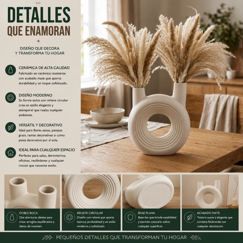 FLORERO REDONDO DOBLE BLANCO DE CERAMICA DECORATIVO HOGAR - 8