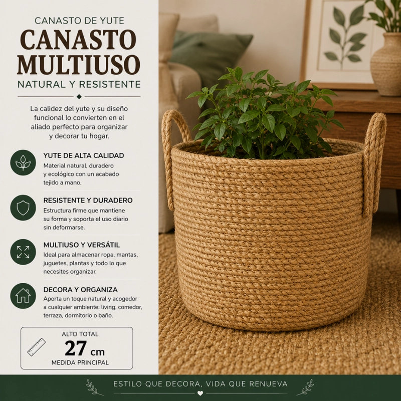 CANASTO CESTA DE YUTE TEJIDO ESTILO RUSTICO CON ASAS L - 6
