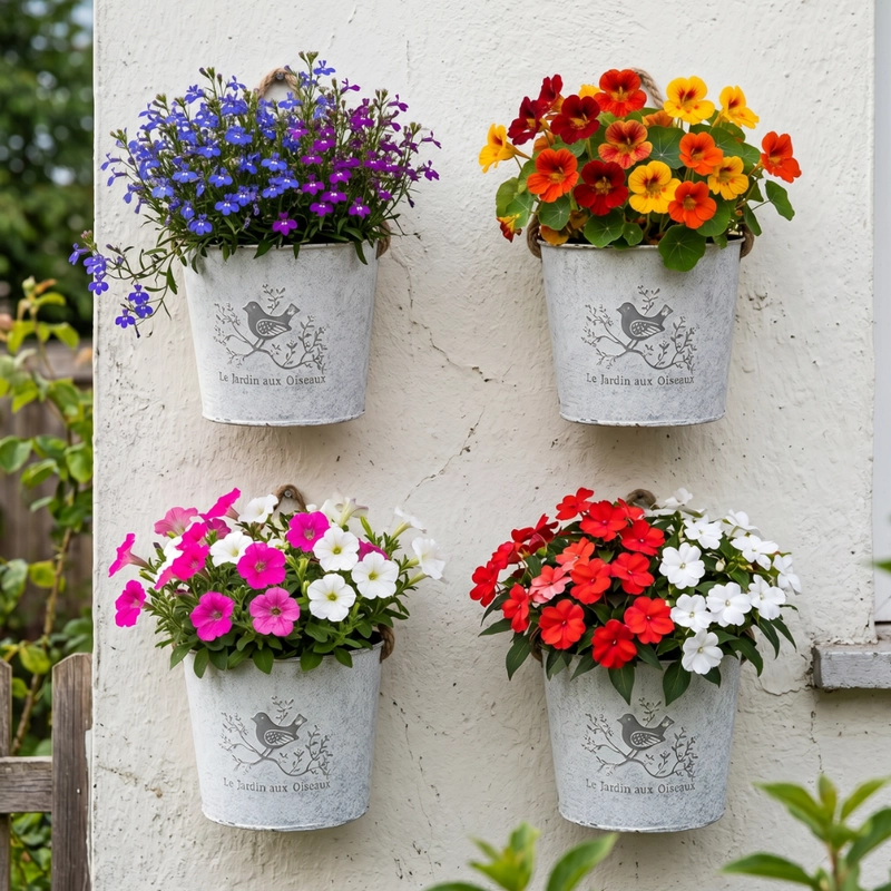 SET 2 MACETERO METALICO BLANCO COLGANTE DE PARED DECORATIVO - 2