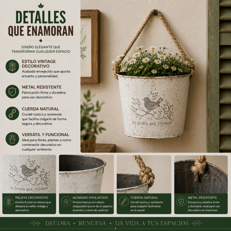 SET 2 MACETERO METALICO BLANCO COLGANTE DE PARED DECORATIVO - 5
