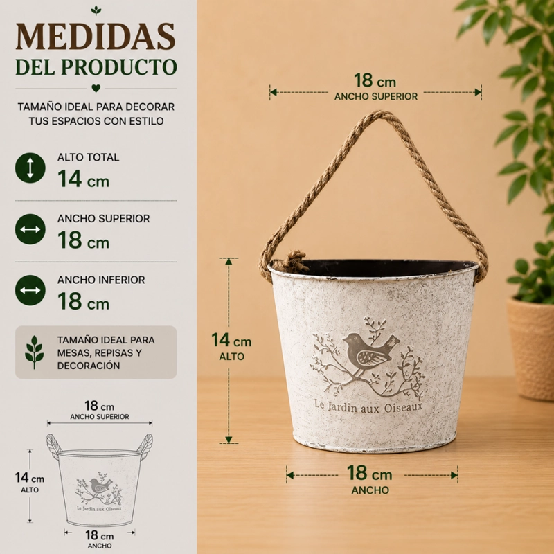 SET 2 MACETERO METALICO BLANCO COLGANTE DE PARED DECORATIVO - 6
