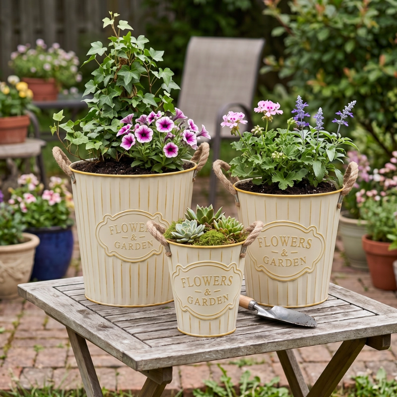 SET 3 MACETERO METALICO BEIGE DECORATIVO CON ASAS JARDIN - 3