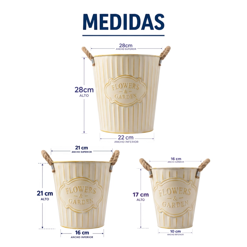 SET 3 MACETERO METALICO BEIGE DECORATIVO CON ASAS JARDIN - 7