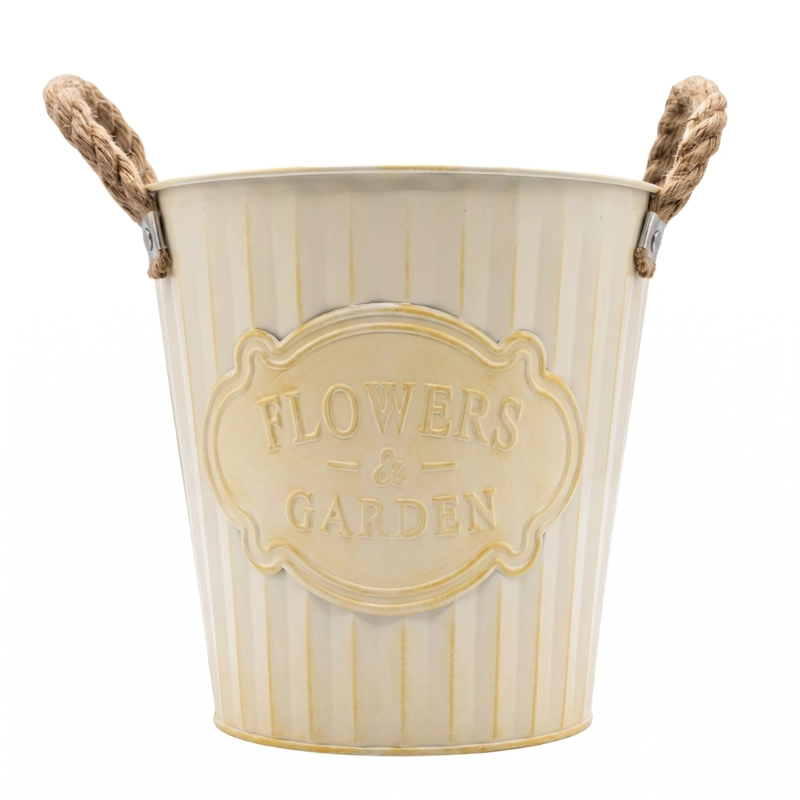 MACETERO METALICO BEIGE DECORATIVO CON ASAS JARDIN M - 1