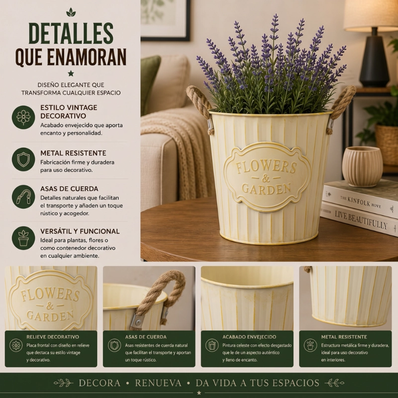 MACETERO METALICO BEIGE DECORATIVO CON ASAS JARDIN M - 4