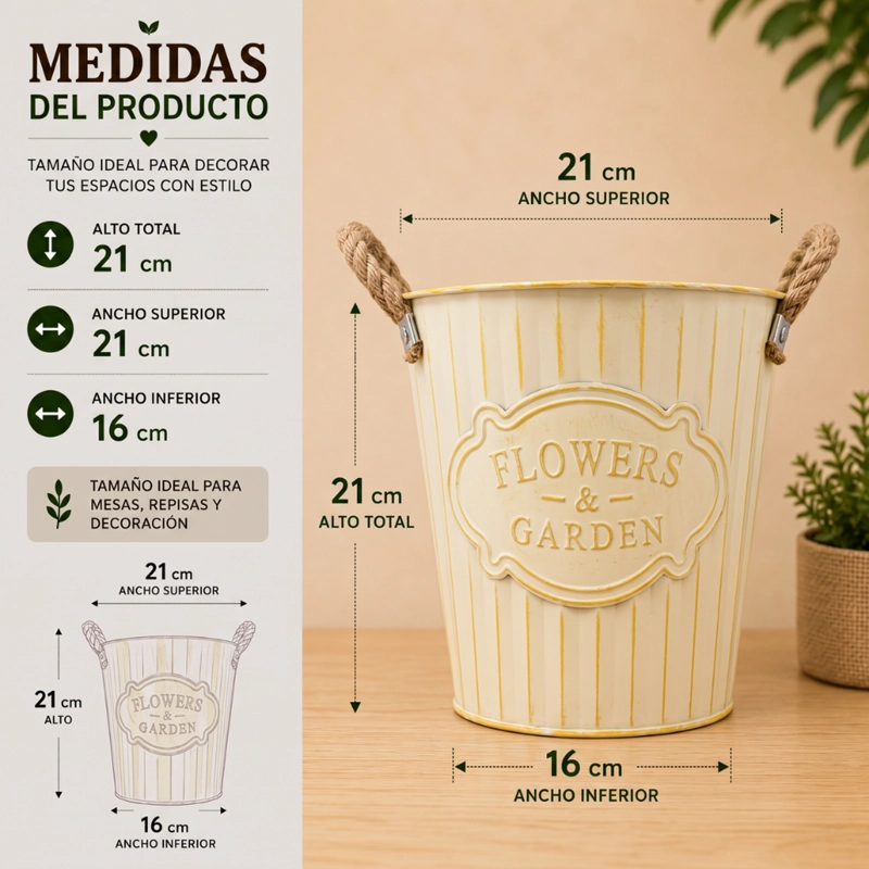 MACETERO METALICO BEIGE DECORATIVO CON ASAS JARDIN M - 5
