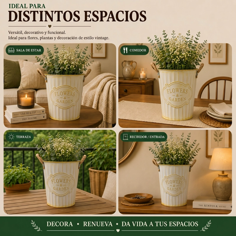 MACETERO METALICO BEIGE DECORATIVO CON ASAS JARDIN M - 6