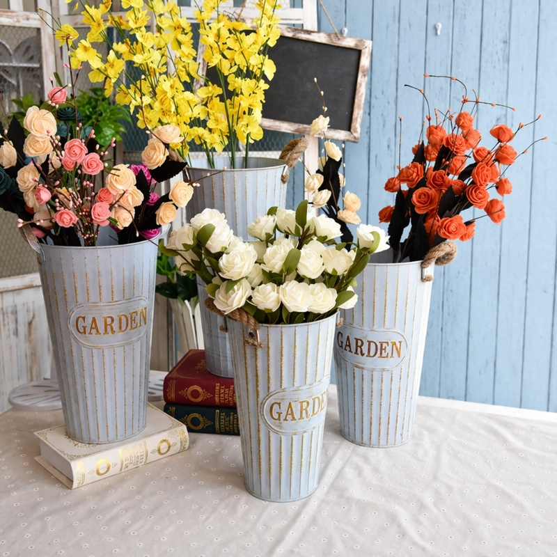 SET 3 MACETERO METALICO DECORATIVO CELESTE TIPO FLORERO XL - 3