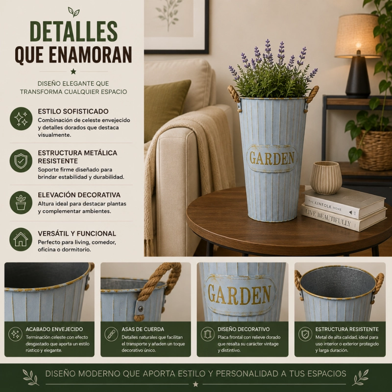 SET 3 MACETERO METALICO DECORATIVO CELESTE TIPO FLORERO XL - 5