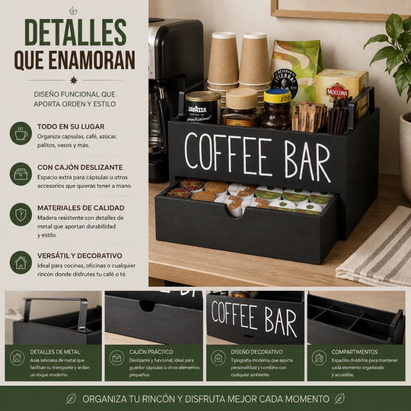 CAJA DE TE  COFFEE BAR ORGANIZADOR ESTACION DE CAFE  CON CAJON - 8