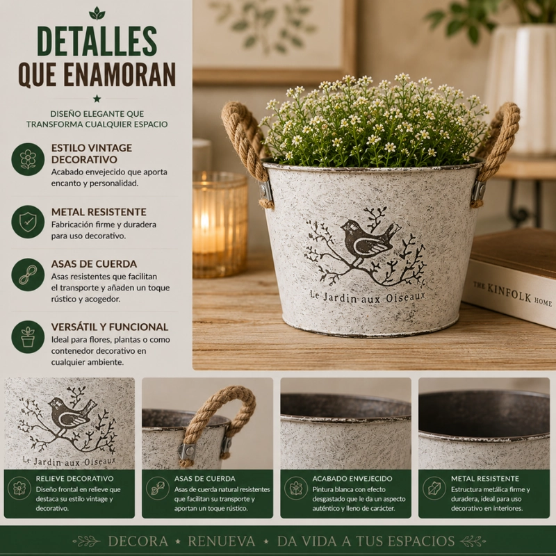 SET 2 MACETERO METALICO BLANCO REDONDO DECORATIVO CON ASAS - 5