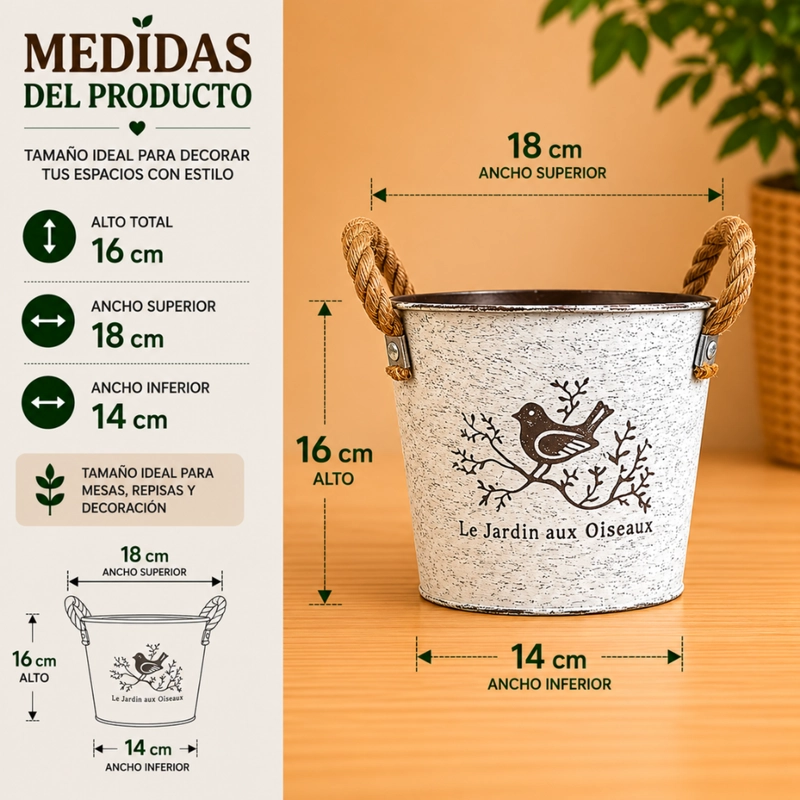 SET 2 MACETERO METALICO BLANCO REDONDO DECORATIVO CON ASAS - 6