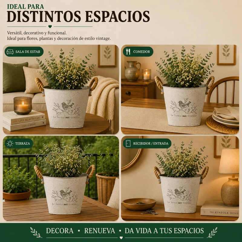 SET 2 MACETERO METALICO BLANCO REDONDO DECORATIVO CON ASAS - 7