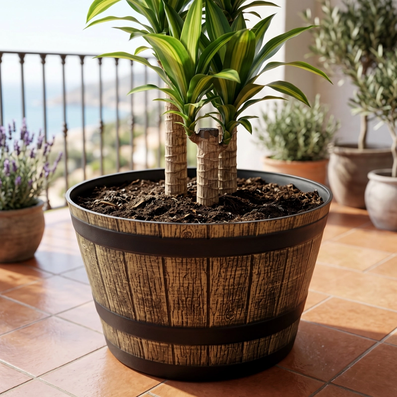 MACETERO PLASTICO DISEÑO EFECTO BARRIL DE MADERA MACETA XL - 2