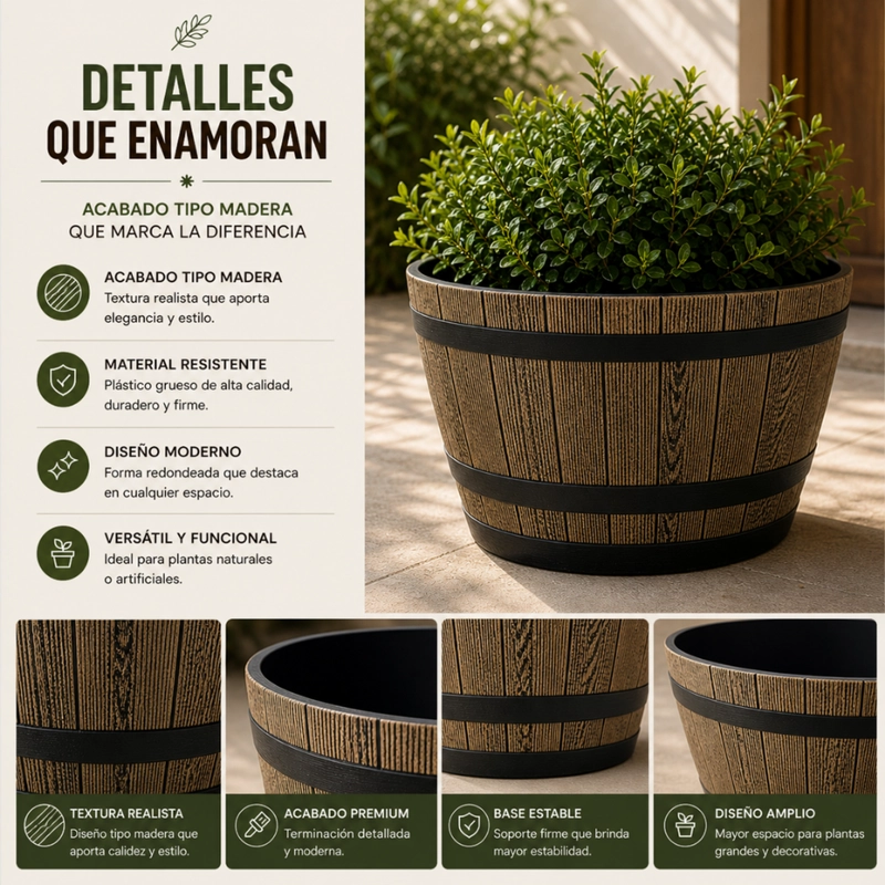 MACETERO PLASTICO DISEÑO EFECTO BARRIL DE MADERA MACETA XL - 7