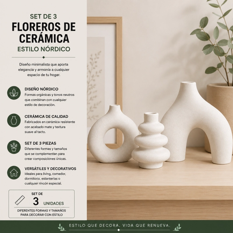 SET 3 FLOREROS DE CERAMICA DECORATIVOS ESTILO NORDICO HOGAR - 6
