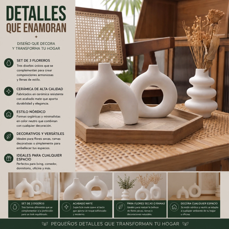SET 3 FLOREROS DE CERAMICA DECORATIVOS ESTILO NORDICO HOGAR - 8