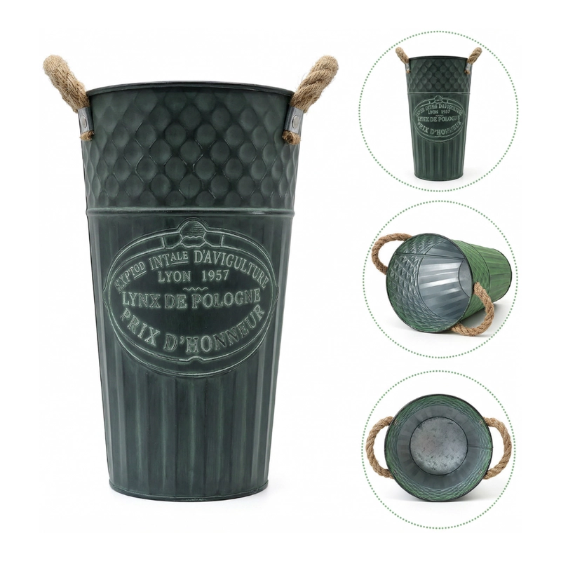 SET 2 MACETERO METALICO DECORATIVO VERDE VINTAGE FLORERO S - 4