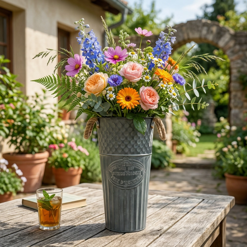 SET 2 MACETERO METALICO DECORATIVO VERDE VINTAGE FLORERO S - 6