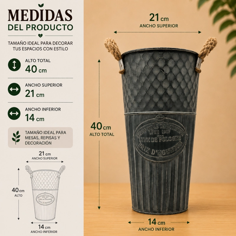 SET 2 MACETERO METALICO DECORATIVO VERDE VINTAGE FLORERO S - 7