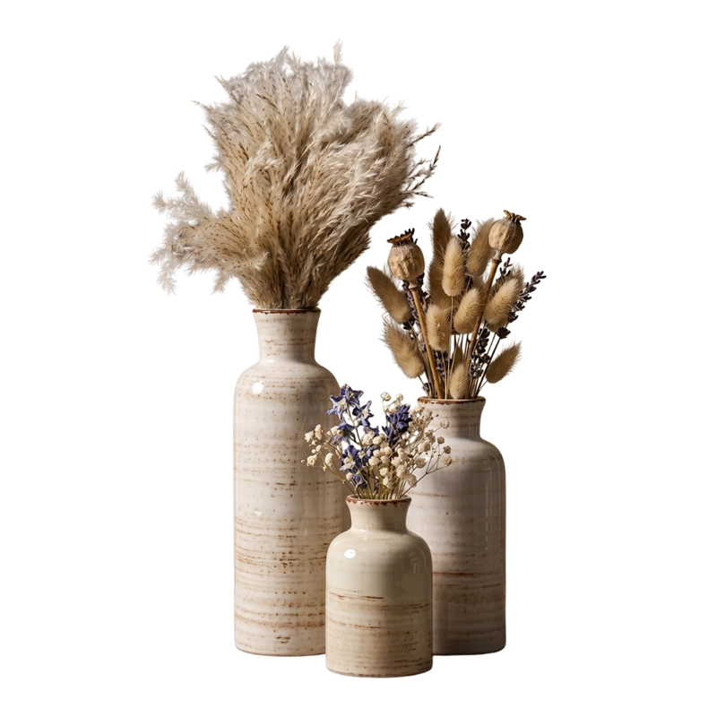 SET 3 FLOREROS CERAMICA BEIGE RUSTICO MINIMALISTA DECORATIVO - 1