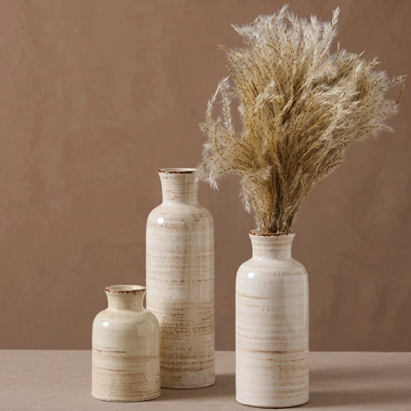 SET 3 FLOREROS CERAMICA BEIGE RUSTICO MINIMALISTA DECORATIVO - 2
