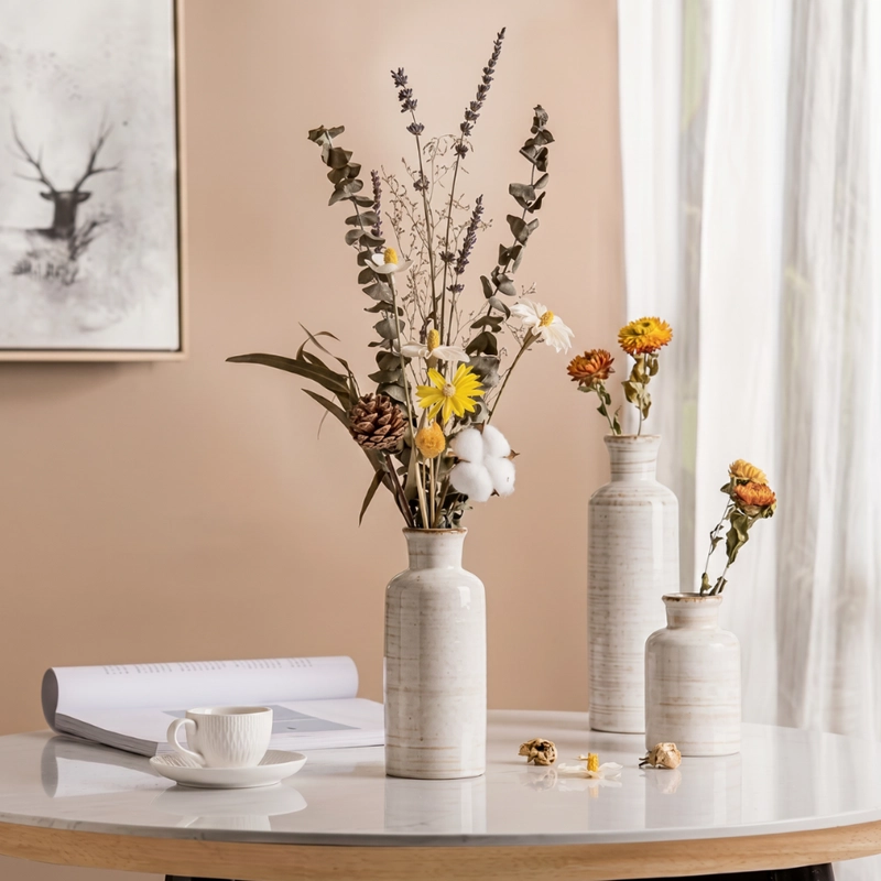 SET 3 FLOREROS CERAMICA BEIGE RUSTICO MINIMALISTA DECORATIVO - 3