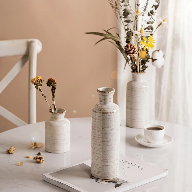 SET 3 FLOREROS CERAMICA BEIGE RUSTICO MINIMALISTA DECORATIVO - 4