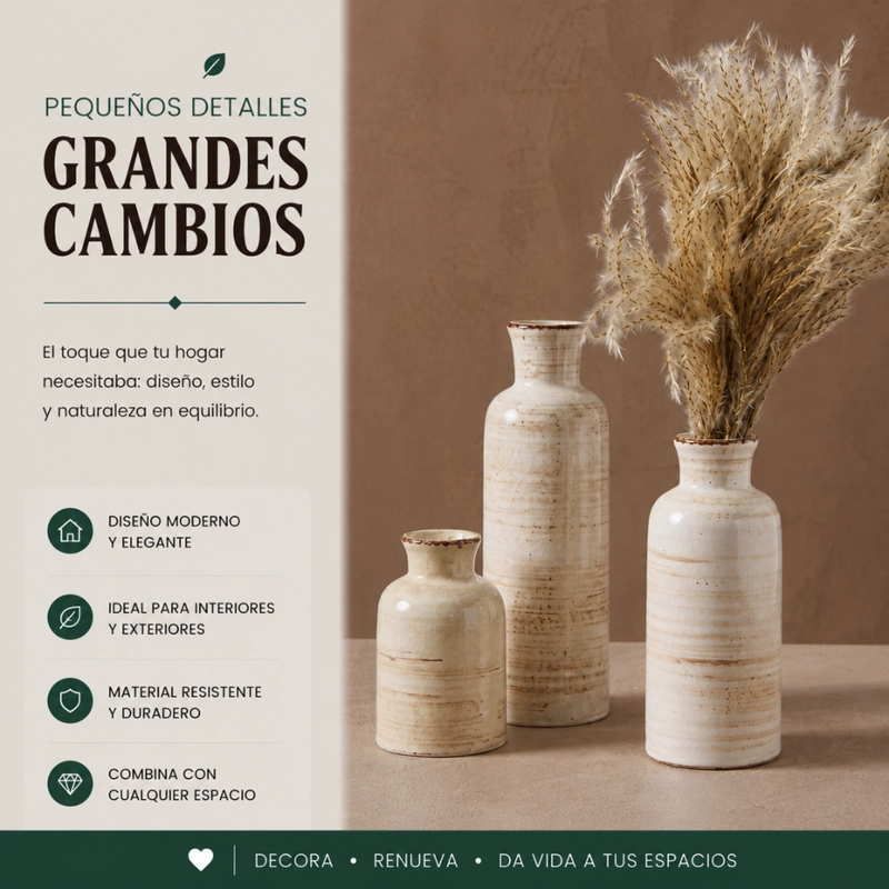 SET 3 FLOREROS CERAMICA BEIGE RUSTICO MINIMALISTA DECORATIVO - 5