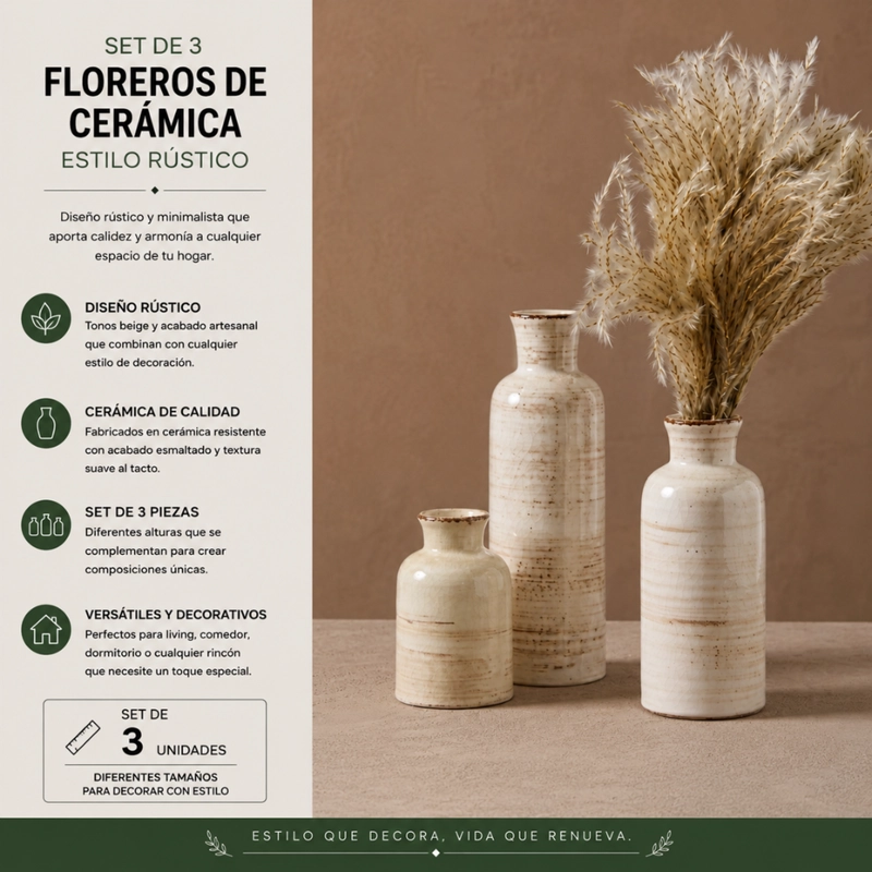 SET 3 FLOREROS CERAMICA BEIGE RUSTICO MINIMALISTA DECORATIVO - 6