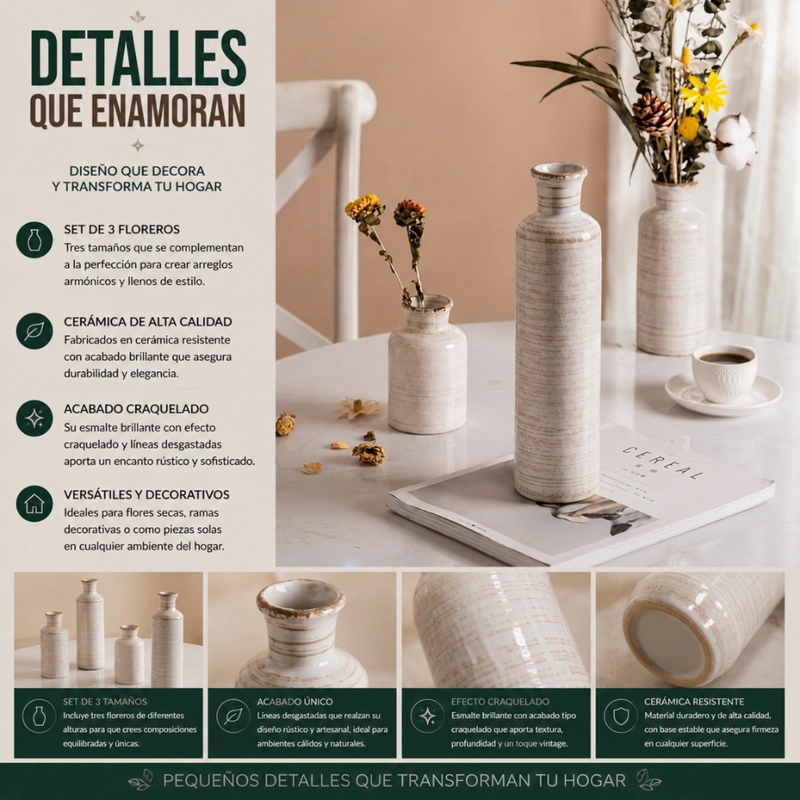 SET 3 FLOREROS CERAMICA BEIGE RUSTICO MINIMALISTA DECORATIVO - 8