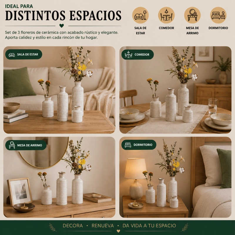 SET 3 FLOREROS CERAMICA BEIGE RUSTICO MINIMALISTA DECORATIVO - 9