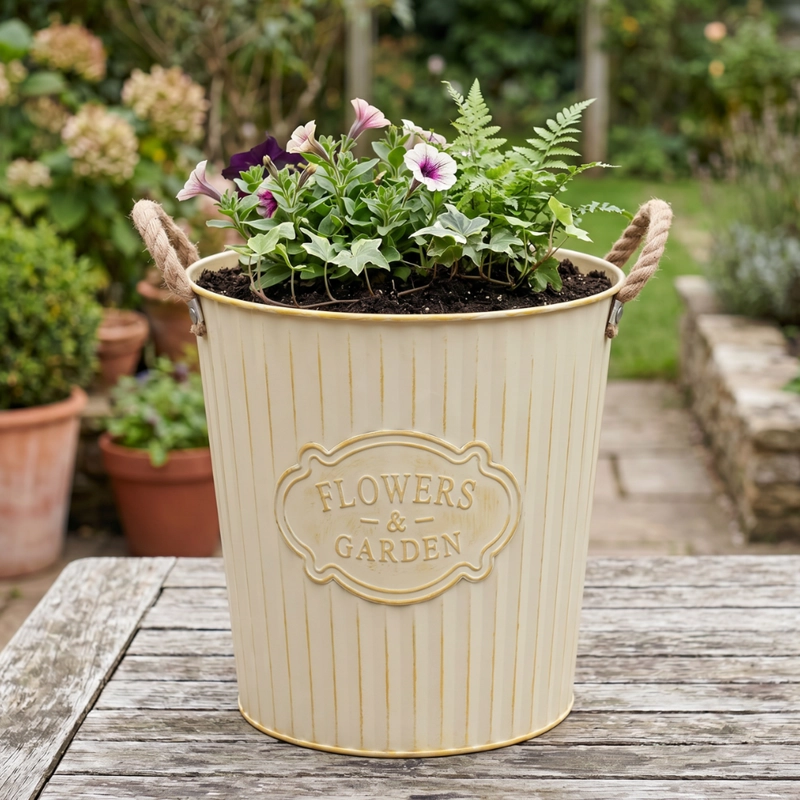 MACETERO METALICO BEIGE DECORATIVO CON ASAS JARDIN L - 3