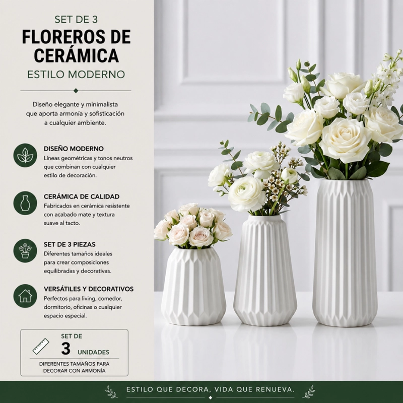 SET 3 FLOREROS DE CERAMICA MODERNOS MINIMALISTAS HOGAR - 5