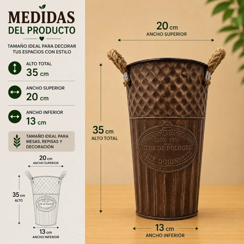 SET 2 MACETERO METALICO DECORATIVO CAFE VINTAGE FLORERO M - 5