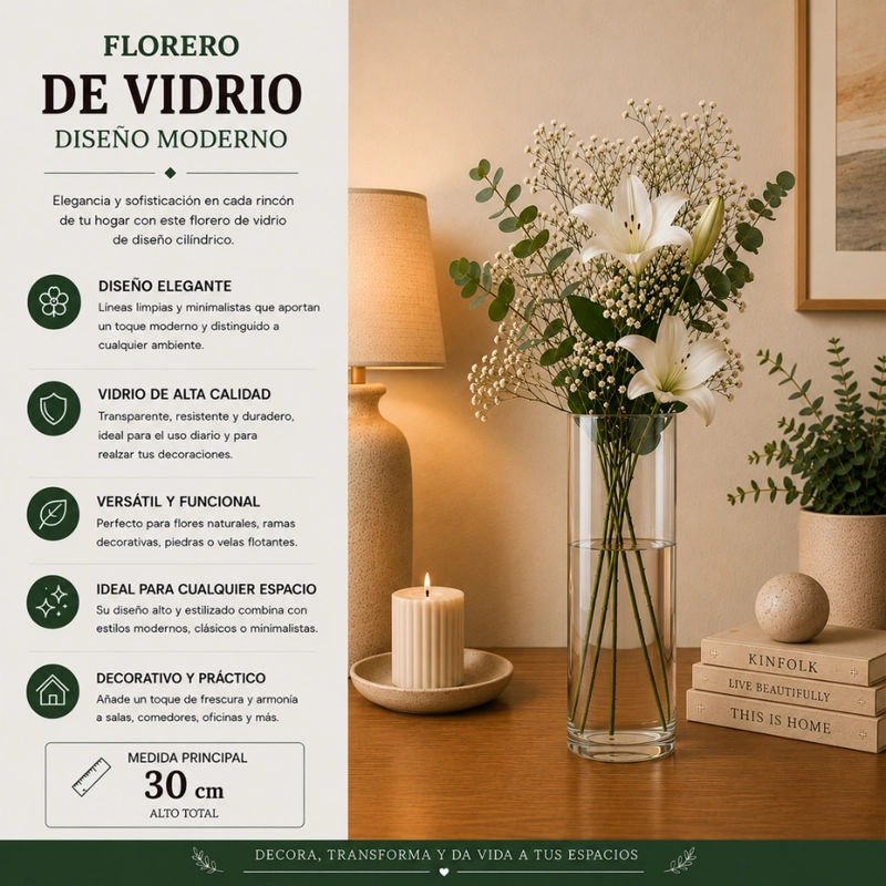 FLORERO DE VIDRIO ALTO CILINDRICO TRANSPARENTE JARRON M - 5