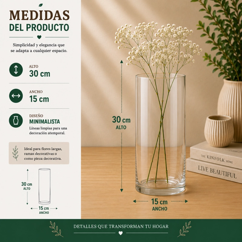 FLORERO DE VIDRIO ALTO CILINDRICO TRANSPARENTE JARRON M - 7