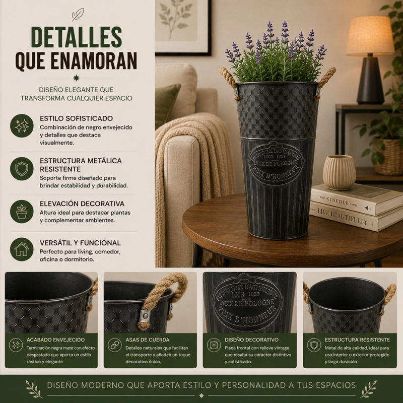 SET 2 MACETERO METALICO DECORATIVO AZUL VINTAGE FLORERO L - 4