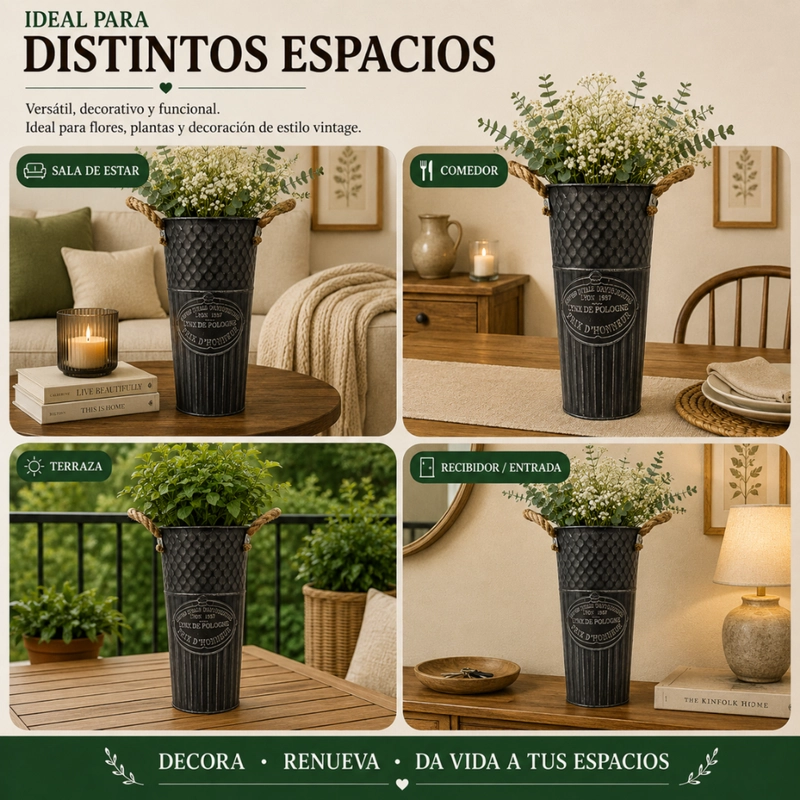SET 2 MACETERO METALICO DECORATIVO AZUL VINTAGE FLORERO L - 6