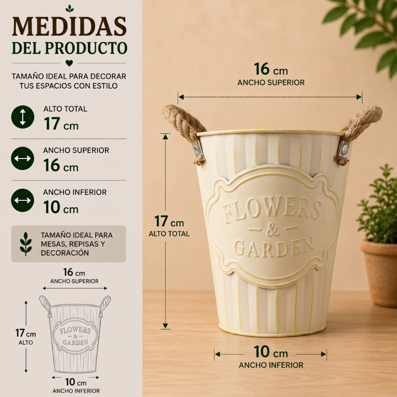 MACETERO METALICO BEIGE DECORATIVO CON ASAS JARDIN S - 5