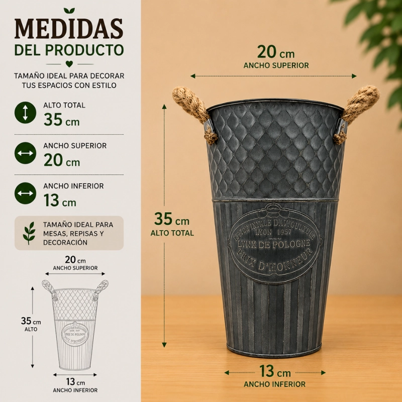 SET 2 MACETERO METALICO DECORATIVO VERDE VINTAGE FLORERO M - 6