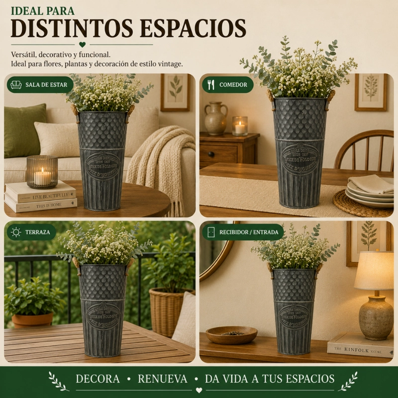 SET 2 MACETERO METALICO DECORATIVO VERDE VINTAGE FLORERO M - 7